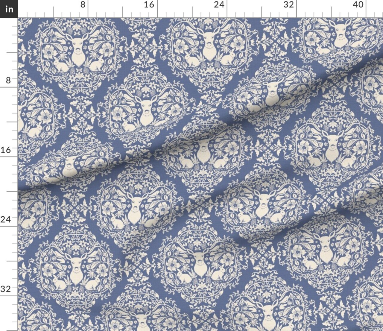 Traditional Autumnal Wildlife Forest Animals Damask Whimsical Art Deco Rabbit Botanical Heritage Vintage Floral Texture Classic Blue And White Custom Printed Fabric by Spoonflower Various Fabrics by the Yard or Fat Quarter